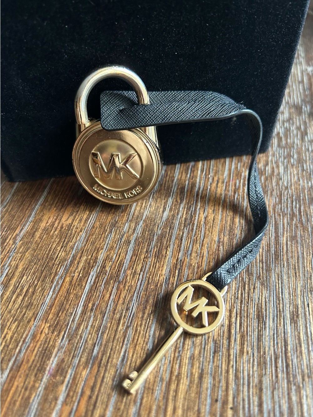 Michael Kors Gold Lock/ Padlock and Key Charm with Black Strap